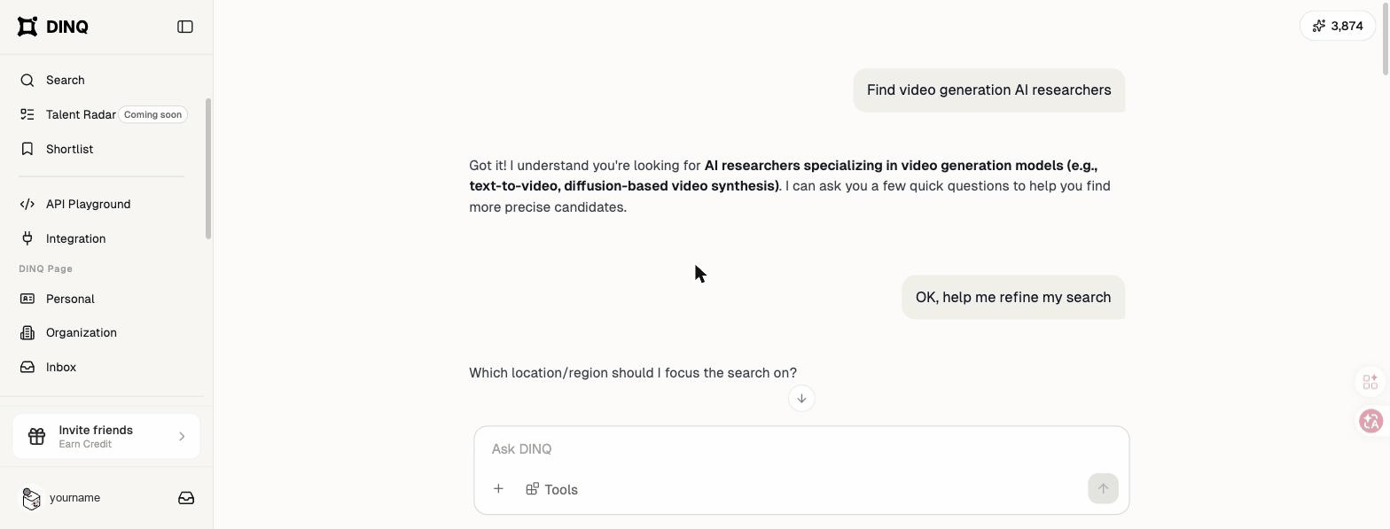 Search intent input screen